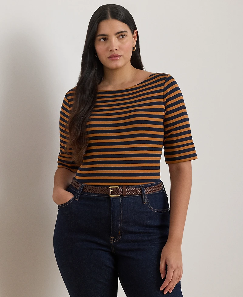 Lauren Ralph Plus Striped Boat Neck T-Shirt