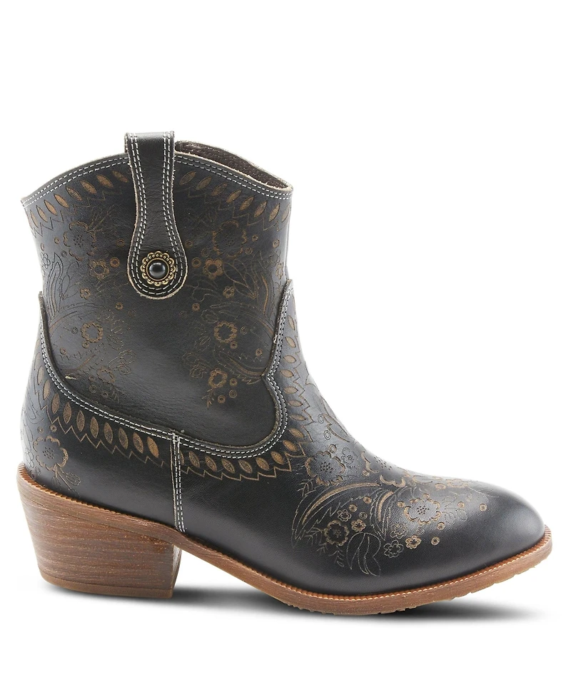 L Artiste Women s Galop Handpainted Leather Western Booties with Floral Embossing, Pull Tab, and Side Zipper