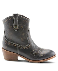 L Artiste Women s Galop Handpainted Leather Western Booties with Floral Embossing, Pull Tab, and Side Zipper