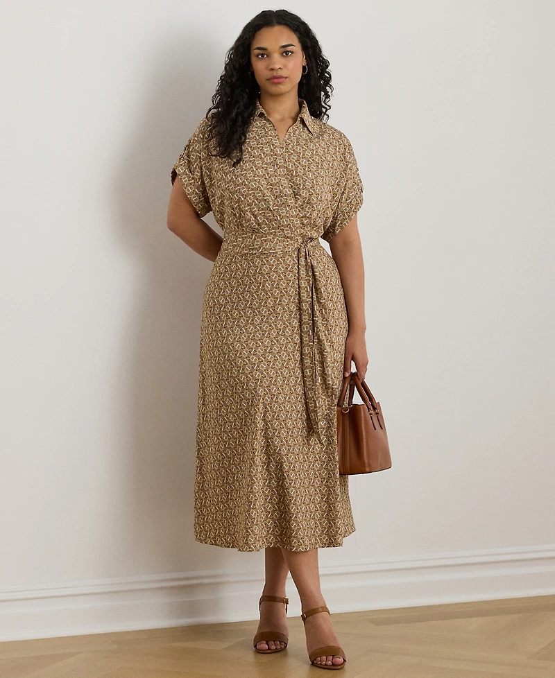 Lauren Ralph Plus Geo-Print Belted Crepe Dress