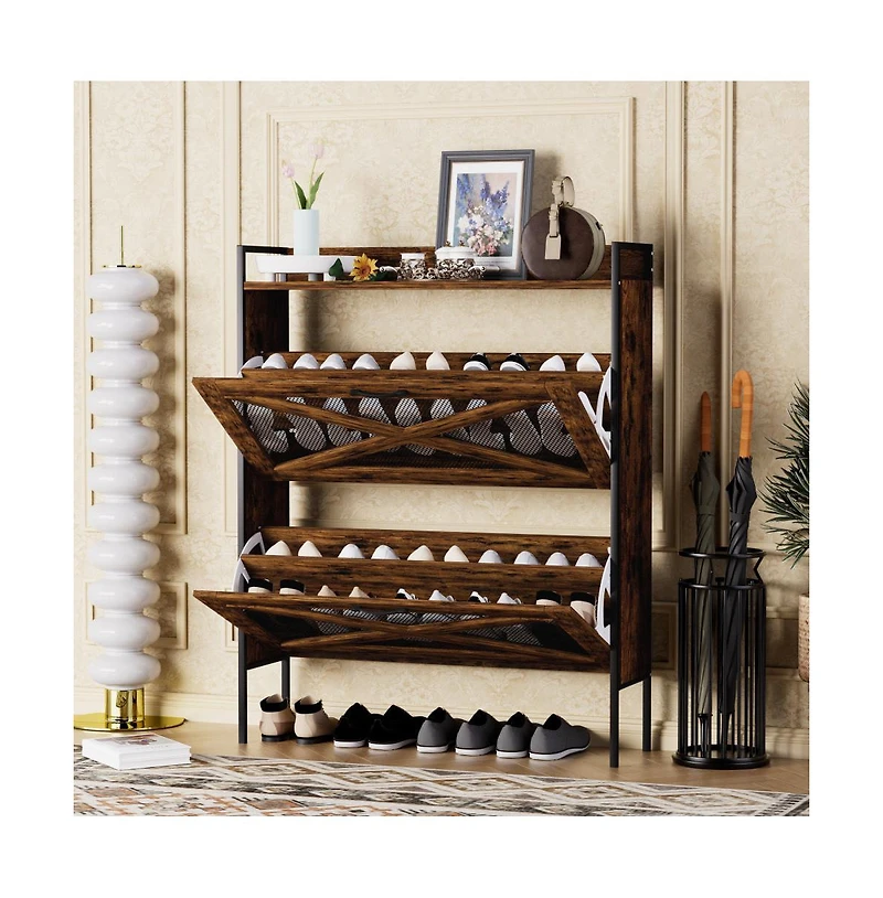 Chic Crate-2-Drawer Flip-Top Shoe Cabinet Narrow | Entryway | Metal Legs | Rustic Brown | 31.5inx8.5inx39.5in