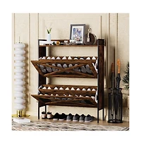 Chic Crate-2-Drawer Flip-Top Shoe Cabinet Narrow | Entryway | Metal Legs | Rustic Brown | 31.5inx8.5inx39.5in
