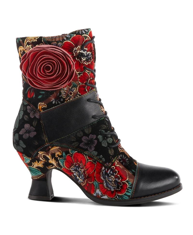 L Artiste Women s Roselia Lace-Up Floral Tapestry Boots with Sculpted Heel and Inside Zipper