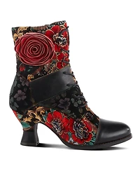 L Artiste Women s Roselia Lace-Up Floral Tapestry Boots with Sculpted Heel and Inside Zipper