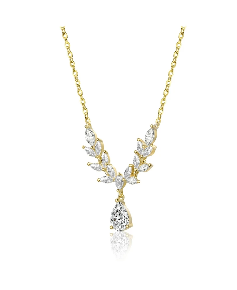 Genevive Sterling Silver 14K Gold Plated with Clear Cubic Zirconia Leaf Design Drop Necklace