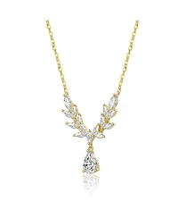 Genevive Sterling Silver 14K Gold Plated with Clear Cubic Zirconia Leaf Design Drop Necklace