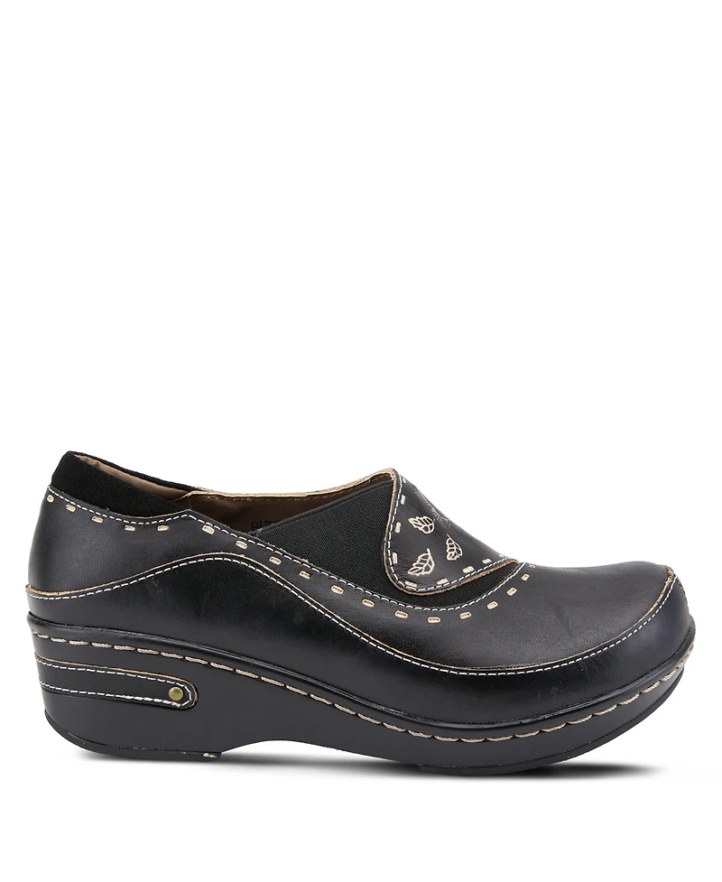 L Artiste Women s Burbank Hand-Painted Leather Clogs with Floral Embossing and Elastic Insets