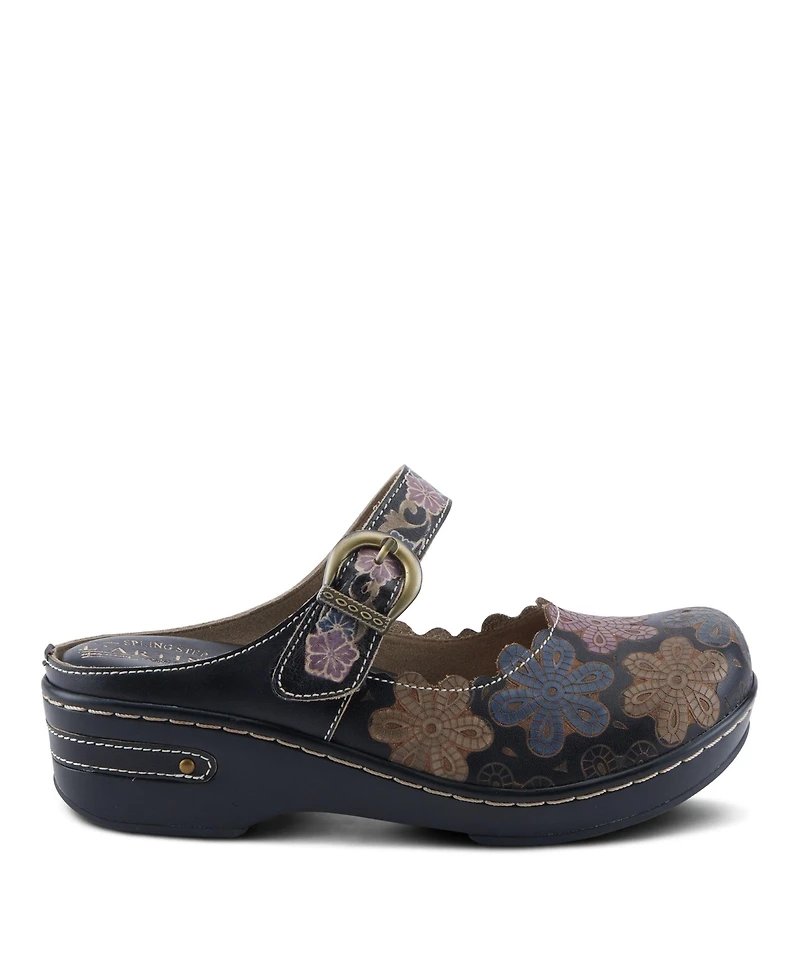 L'Artiste Women's Flochino Hand-Painted Leather Clogs with Floral Ankle Strap, Scalloped Edges, Brass Buckles, and Plush Microsuede Footbed –