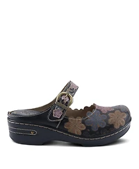 L'Artiste Women's Flochino Hand-Painted Leather Clogs with Floral Ankle Strap, Scalloped Edges, Brass Buckles, and Plush Microsuede Footbed –