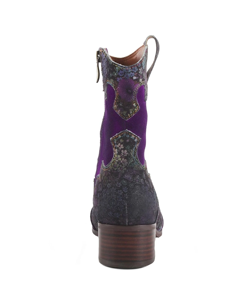 L'Artiste Women's Ladyluck Western Suede Booties with Floral Overlay and Block Heel