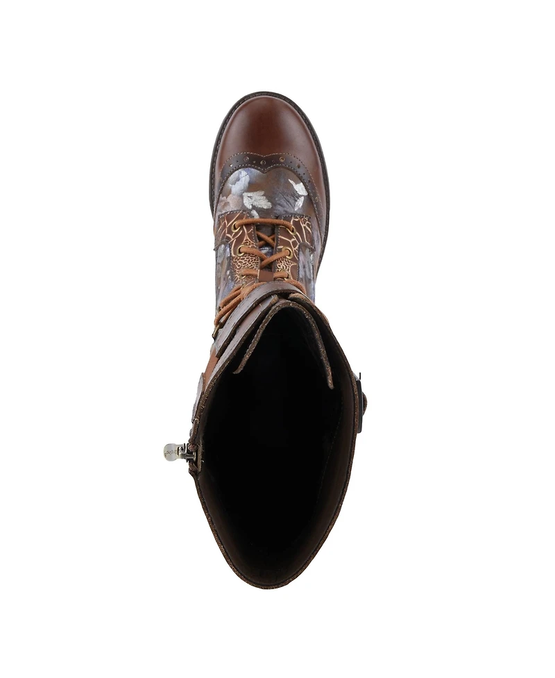 L'Artiste Women's Kisha-Boss Tall Leather Combo Boots with Lace-Up Front, Inside Zipper, Stretch Strap, and Lug Sole – Fashion Utility Style wi