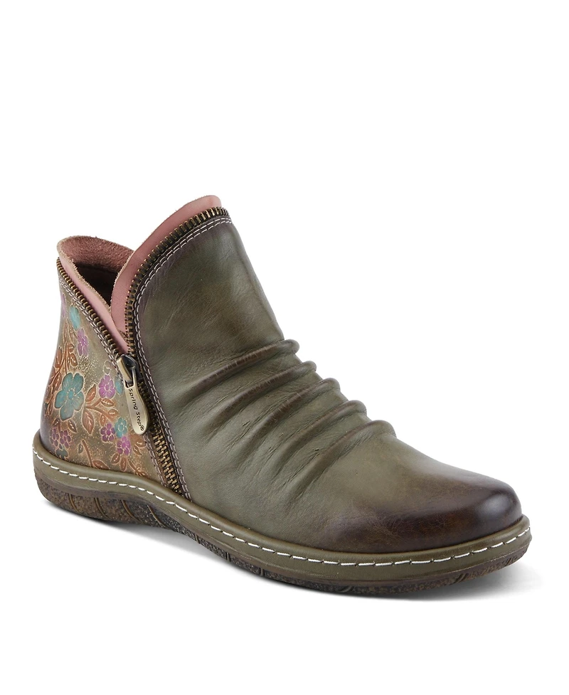 L'Artiste Women's Chesapeake Hand-Painted Leather Booties with Ruched Front, Inside Zipper, Floral Details, and Flexible Sole – Comfortable Boho-Inspi