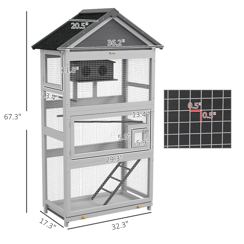 PawHut Wooden Bird Aviary with Slide-Out Tray, Birdhouse, Ladder, Perches