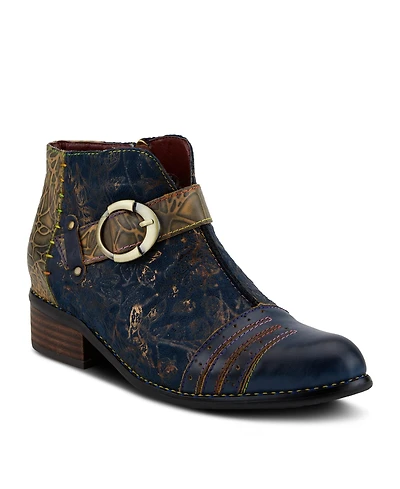 L Artiste Women s Georgiana Hand-Painted Leather Booties with Decorative Buckle, Rainbow Stitching, and Full-Zip Closure – French-Inspired Comf