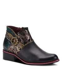 L'Artiste Women's Tiatia Hand-Painted Leather Ankle Boots with Asymmetrical Buckle Strap, Embossed and Suede Panels, Block Heel, Side Zipper – Fre