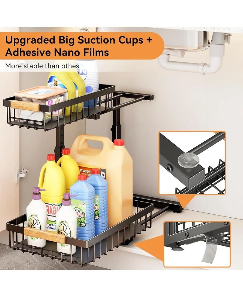 Under Sink Organizer, 2 Tier Pull Out Cabinet Organizer Baskets with Mesh Sliding Drawers, Slide Out Storage Shelf for Home, Kitchen, Bathroom, Pantry