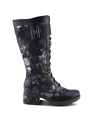 L'Artiste Women's Kisha-Boss Tall Leather Combo Boots with Lace-Up Front, Inside Zipper, Stretch Strap, and Lug Sole – Fashion Utility Style wi