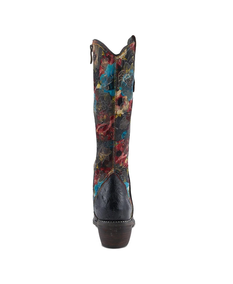 L Artiste Women s Rodeoqueen-viv Western Tall Boots with Embossed Leather, Floral Velvet Shaft, and Stacked Heel