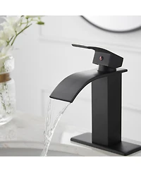 Greenspring Waterfall Single Handle Hole Modern Bathroom Faucet With Metal Drain Drip-Free Vanity Sink Brushed Gold