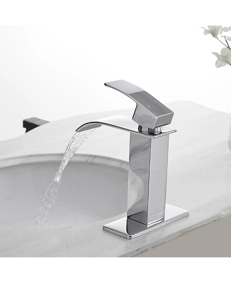 Greenspring Waterfall Single Handle Single Hole Modern Bathroom Faucet With Metal Drain Drip-Free Vanity Sink Faucet in Brushed Gold