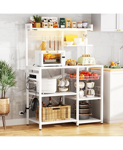 Aheaplus Kitchen Storage Shelf with Hooks, Coffee Bar Station with Power Outlets & Led Light, Bakers Rack with Pull-Out Basket