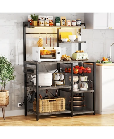 Kitchen Storage Shelf with Hooks, Coffee Bar Station with Power Outlets & Led Light, Bakers Rack with Pull-Out Basket