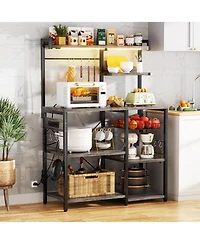 Kitchen Storage Shelf with Hooks, Coffee Bar Station with Power Outlets & Led Light, Bakers Rack with Pull-Out Basket