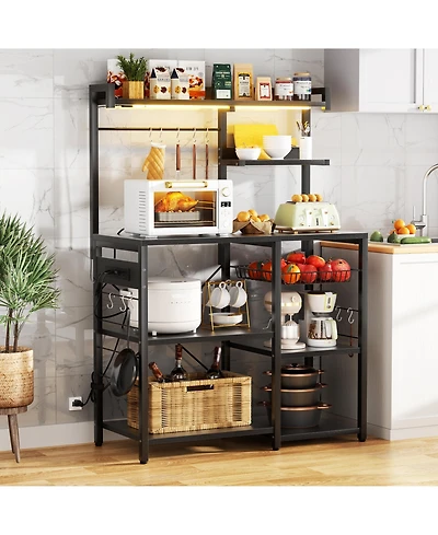 Kitchen Storage Shelf with Hooks, Coffee Bar Station Power Outlets & Led Light, Bakers Rack Pull-Out Basket