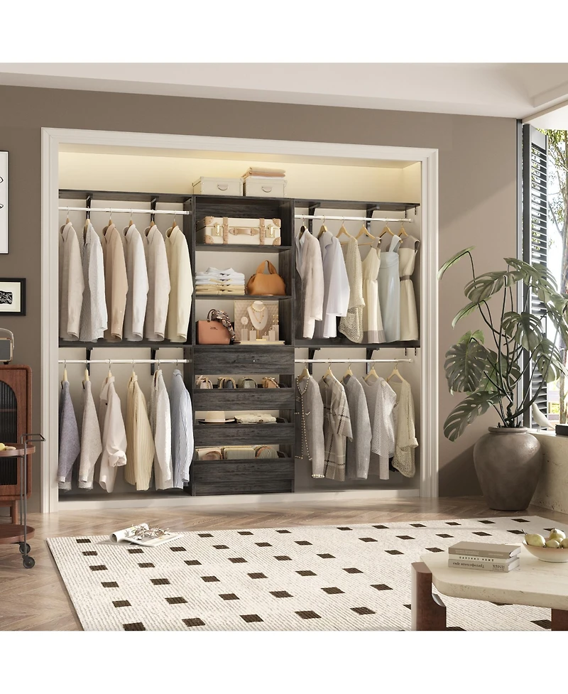 Aheaplus 96 inches Closet Organizer System with 4 Reversible Shelves and Wood Drawers, Wardrobe Clothes Rack Hanging Rods