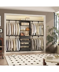 Aheaplus 96 inches Closet Organizer System with 4 Reversible Shelves and Wood Drawers, Wardrobe Clothes Rack Hanging Rods