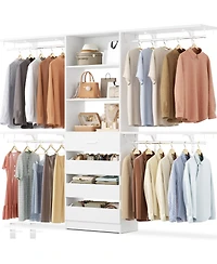 Aheaplus 96 inches Closet Organizer System with 4 Reversible Shelves and 4 Wood Drawers, Wardrobe Clothes Rack with 4 Hanging Rods