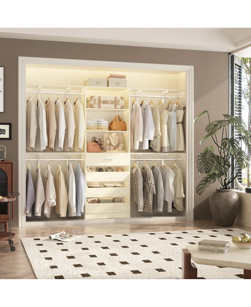 Aheaplus 96 inches Closet Organizer System with 4 Reversible Shelves and Wood Drawers, Wardrobe Clothes Rack Hanging Rods