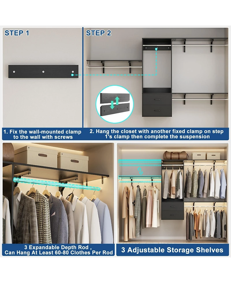 96 Inch Wall Mounted Closet Organizer System with 3 Shelves and Rods, Rack 2 Drawers