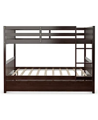 Gymax Full over Full Bunk Bed Platform Wood Bed w/ Trundle & Ladder Rail