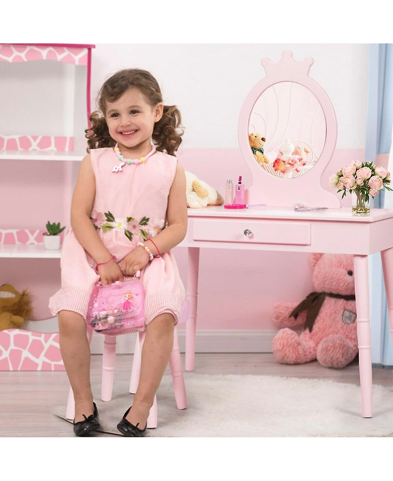 Gymax Kids Vanity Makeup Table & Chair Set Make Up Stool Play Set for Children