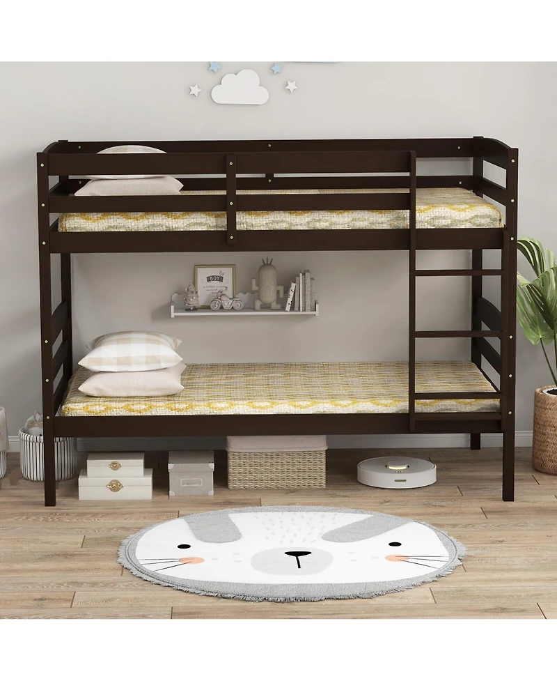 Gymax Twin Over Bunk Bed Wooden Convertible Into 2 Beds High Guardrails