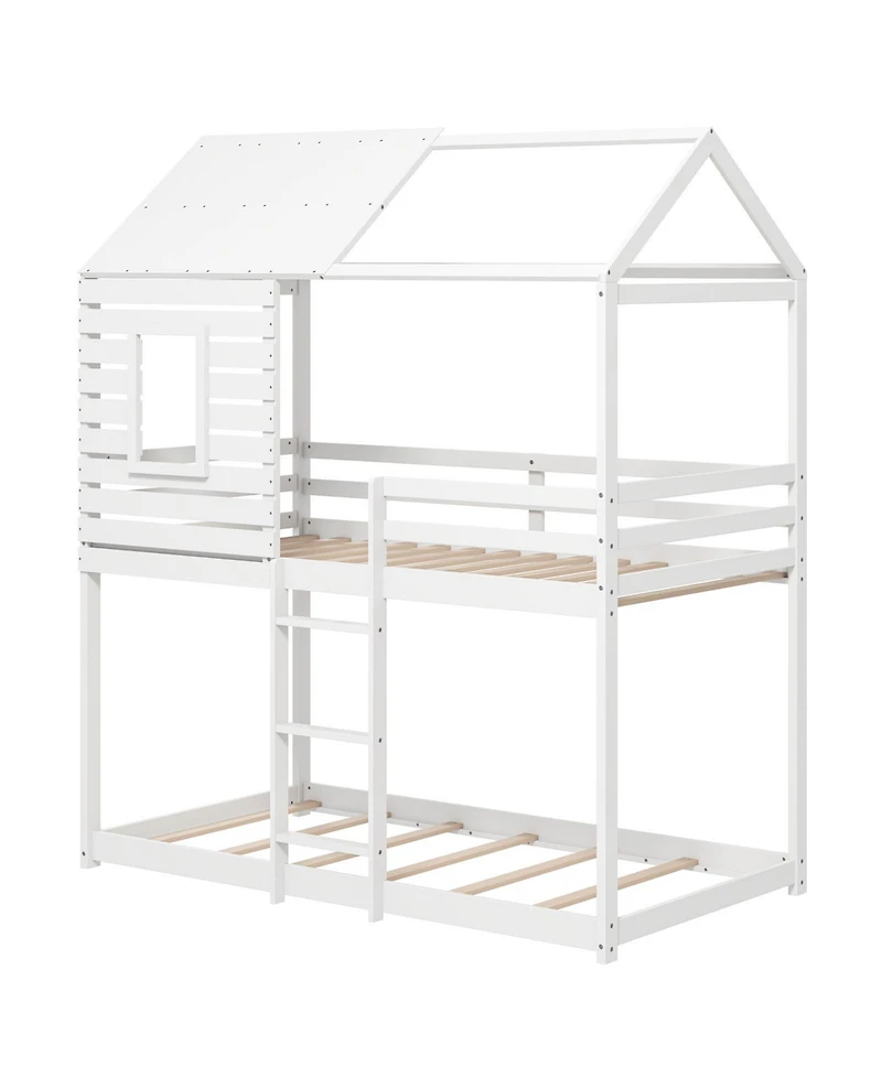 Gymax Twin over Twin House Bunk Bed Low-to-ground Bed Frame w/ Roof Solid Wood Bed