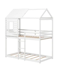 Gymax Twin over Twin House Bunk Bed Low-to-ground Bed Frame w/ Roof Solid Wood Bed