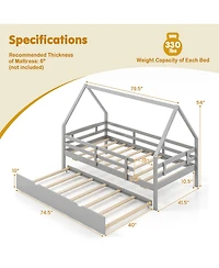 Gymax Twin House Bed w/ Trundle Wooden Kids Safety Rails & Decorable Roof