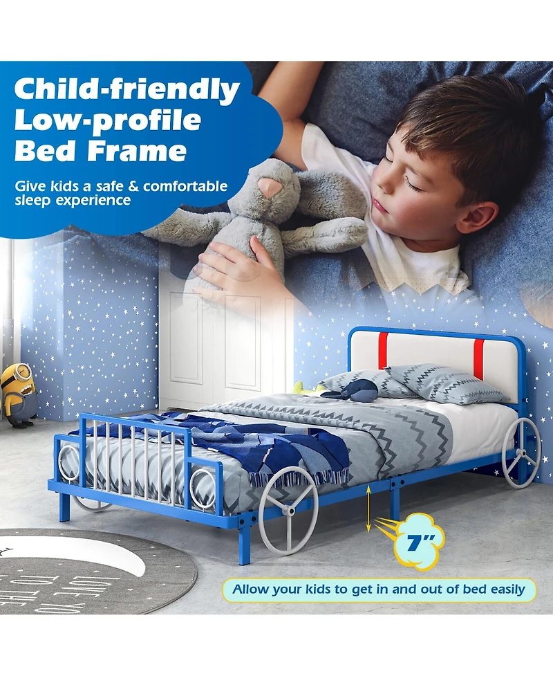 Gymax Twin Size Kids Bed Frame Car Shaped Metal Platform Bed w/ Upholstered Headboard