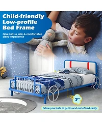 Gymax Twin Size Kids Bed Frame Car Shaped Metal Platform Bed w/ Upholstered Headboard