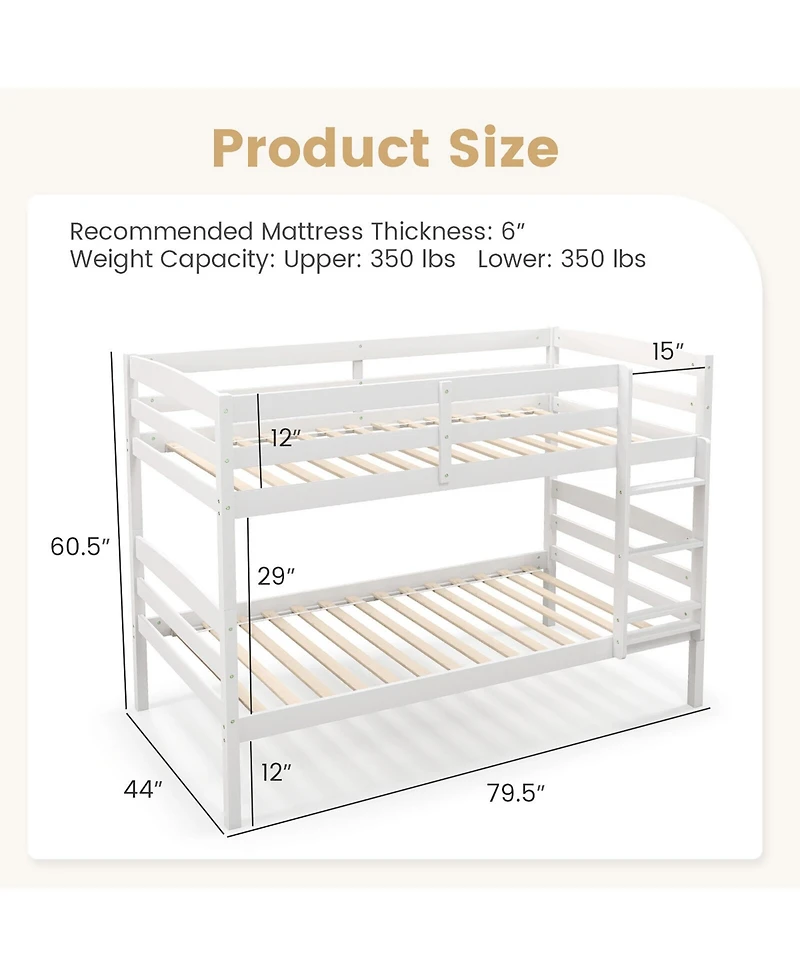 Gymax Twin Over Bunk Bed Wooden Convertible Into 2 Beds High Guardrails
