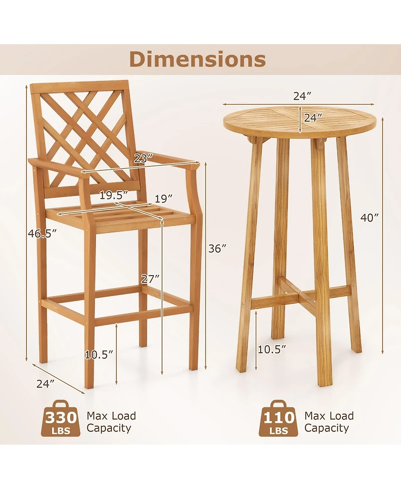 Gymax 3 Pcs Patio Bar Set Round Cocktail Table w/ 2 Stools w/ Backrest Armrests