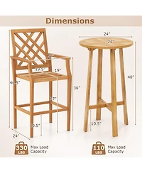 Gymax 3 Pcs Patio Bar Set Round Cocktail Table w/ 2 Stools w/ Backrest Armrests
