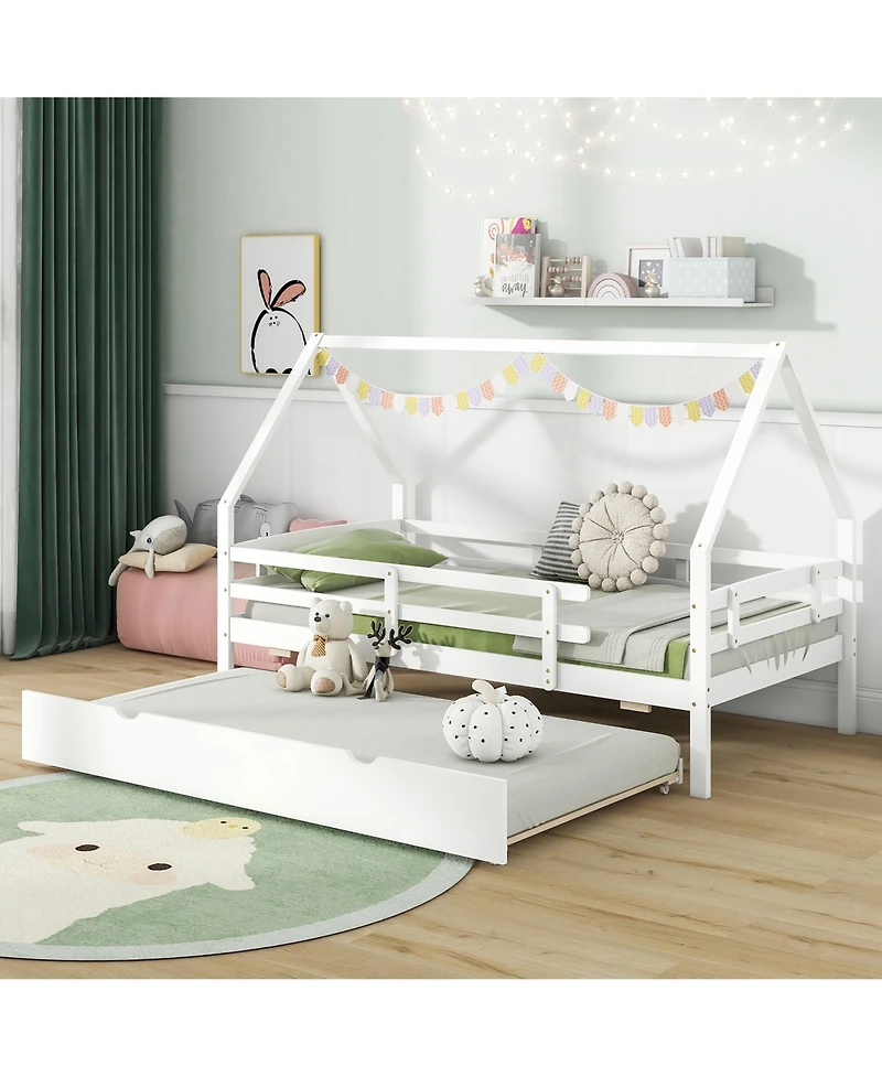 Gymax Twin House Bed w/ Trundle Wooden Kids Safety Rails & Decorable Roof