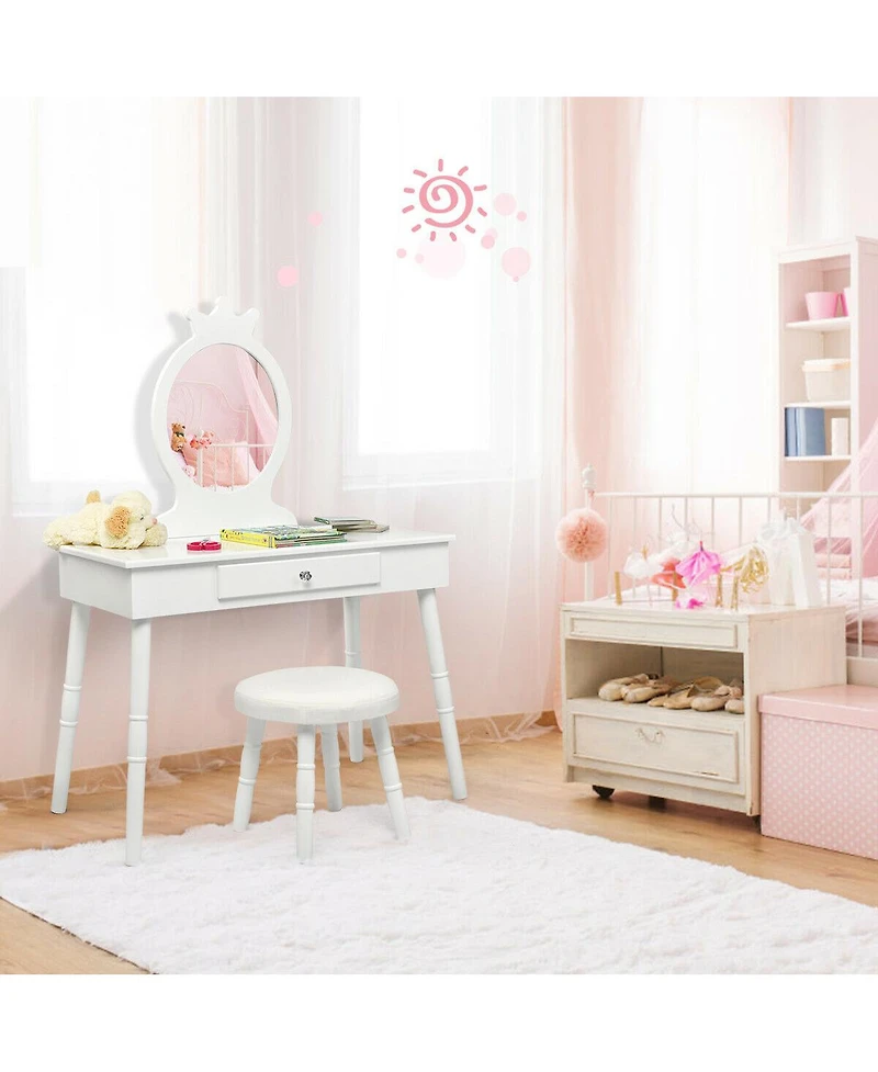 Gymax Kids Vanity Makeup Table & Chair Set Make Up Stool Play Set for Children