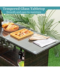 Gymax 3PCS Wicker Bar Set Height Table 2 Stools w/3 Rows Stemware Racks Garden Patio