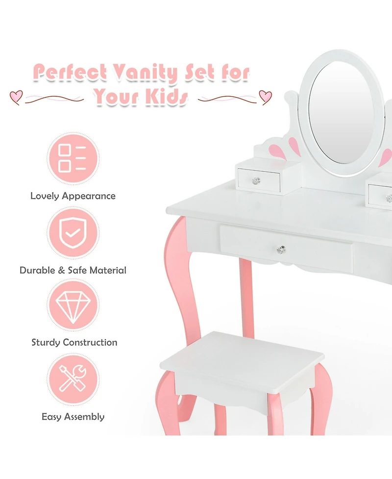 Gymax Kids Vanity Princess Makeup Dressing Table Stool Set W/ Mirror Drawer