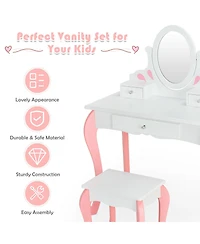 Gymax Kids Vanity Princess Makeup Dressing Table Stool Set W/ Mirror Drawer