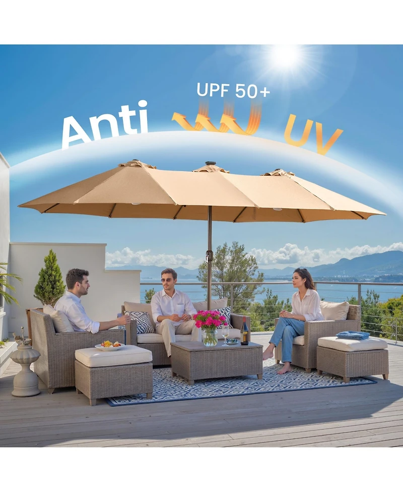 Xizzi 15ft Solar Umbrella Smart Led Lighted Patio Umbrella,12 Heavy Duty Ribs Large Outdoor Double Sided Rectangle with Light Modes and Base